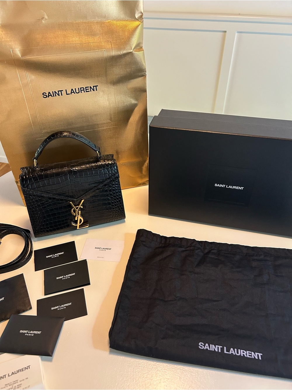 Saint Laurent Black Croc-Embossed Top Handle Satchel Mini Cassandra Purse - Picture 2 of 14